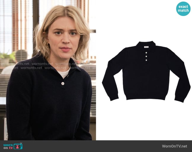 RLT Polo Sweater in Navy worn by Mare Pritti (Chelsea Frei) on The Paper RLT Polo Sweater in Navy worn by Mare Pritti (Chelsea Frei) on The Paper