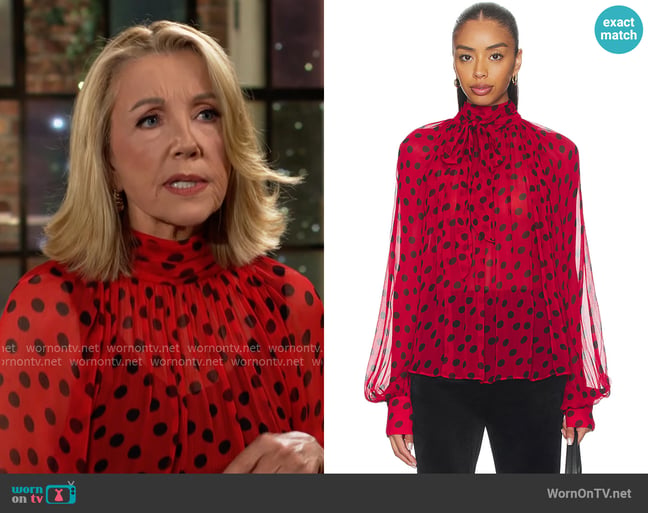Ronny Kobo Zenia Polka Dot Shirred Blouse worn by Nikki Reed Newman (Melody Thomas-Scott) on The Young and the Restless Ronny Kobo Zenia Polka Dot Shirred Blouse worn by Nikki Reed Newman (Melody Thomas-Scott) on The Young and the Restless