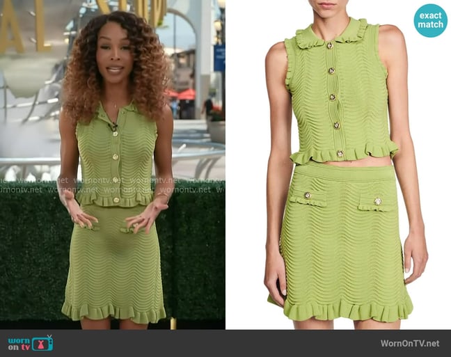 Sandro Lina Ruffle Sleeveless Crop Sweater worn by Zuri Hall on Access Hollywood Sandro Lina Ruffle Sleeveless Crop Sweater worn by Zuri Hall on Access Hollywood