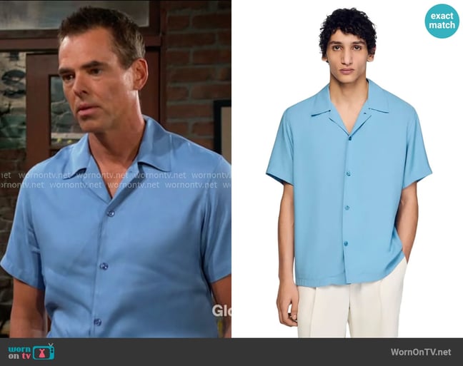 Sandro Loose-fit shark collar shirt in Sky Blue worn by Billy Abbott (Jason Thompson) on The Young and the Restless Sandro Loose-fit shark collar shirt in Sky Blue worn by Billy Abbott (Jason Thompson) on The Young and the Restless