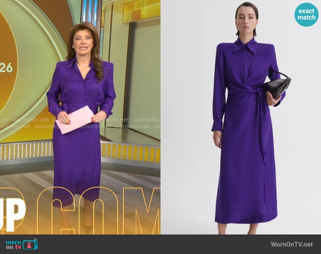 Scanlon Theodore Silk Jacquard Wrap Midi Dress worn by Norah O'Donnell on CBS Mornings Scanlon Theodore Silk Jacquard Wrap Midi Dress worn by Norah O'Donnell on CBS Mornings