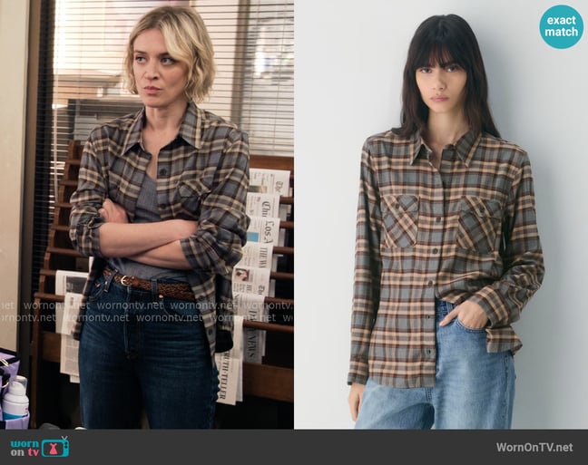 Sunday Best at Aritzia Maple Shirt in ares check h d gr/ch b worn by Mare Pritti (Chelsea Frei) on The Paper Sunday Best at Aritzia Maple Shirt in ares check h d gr/ch b worn by Mare Pritti (Chelsea Frei) on The Paper