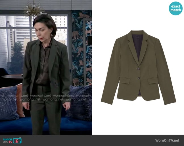 Theory Carissa Blazer in Dark Olive worn by Anna Devane (Finola Hughes) on General Hospital Theory Carissa Blazer in Dark Olive worn by Anna Devane (Finola Hughes) on General Hospital