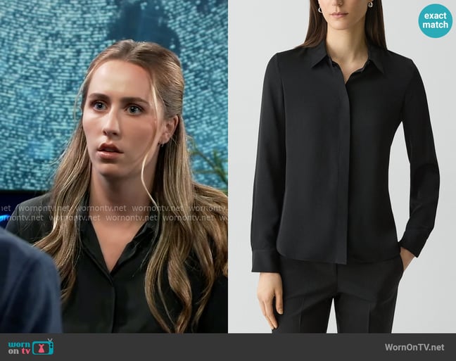 Theory Fitted Shirt in Silk Georgette in Black worn by Josslyn Jacks (Eden McCoy) on General Hospital