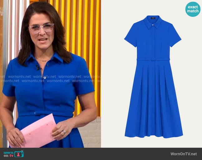 Theory Tailored Short Sleeve Shirtdress in Wave worn by Lindsey Reiser on CBS Mornings