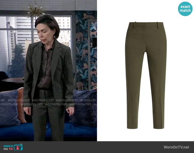 Theory Treeca Pants in Dark Olive worn by Anna Devane (Finola Hughes) on General Hospital Theory Treeca Pants in Dark Olive worn by Anna Devane (Finola Hughes) on General Hospital
