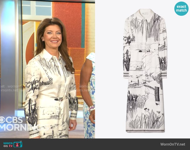 Tory Burch Printed Silk Shirtdress in Ivory Forest worn by Norah O'Donnell on CBS Mornings Tory Burch Printed Silk Shirtdress in Ivory Forest worn by Norah O'Donnell on CBS Mornings