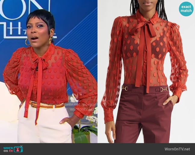 Ulla Johnson Soraya Dot Sheer Mesh Button-Up Shirt worn by Tamron Hall on Tamron Hall Show Ulla Johnson Soraya Dot Sheer Mesh Button-Up Shirt worn by Tamron Hall on Tamron Hall Show