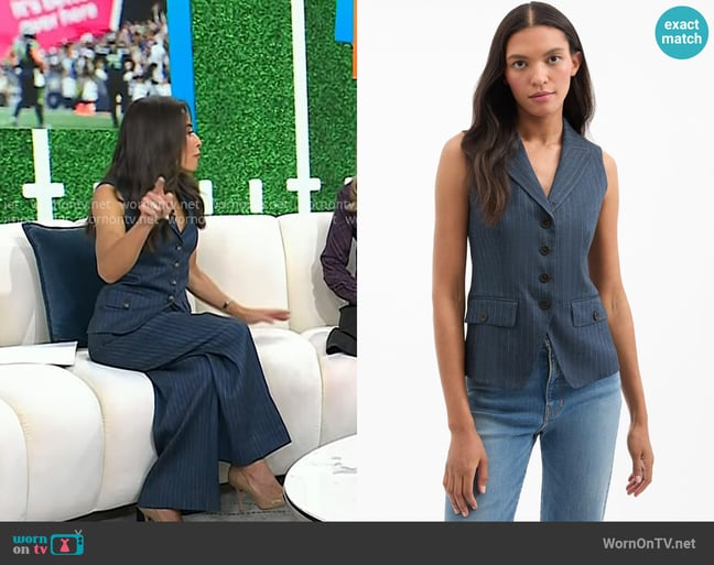 Veronica Beard Benny Pinstripe Vest in Blue Dove worn by Kaylee Hartung on Today Veronica Beard Benny Pinstripe Vest in Blue Dove worn by Kaylee Hartung on Today