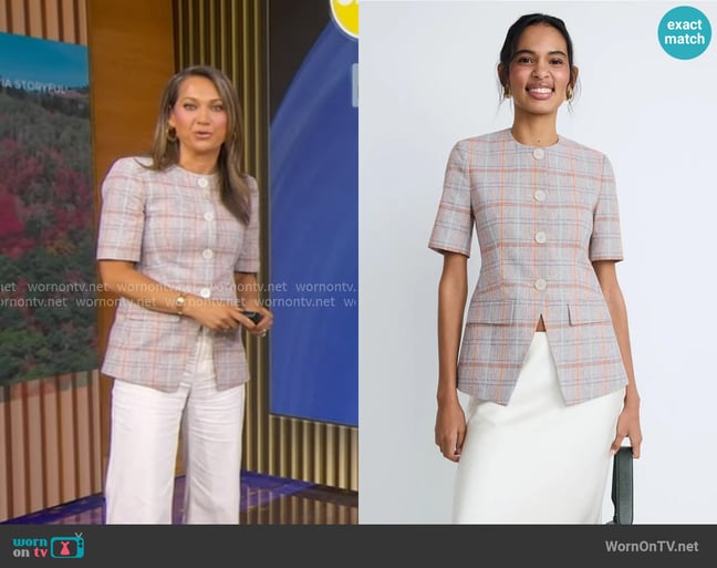 Veronica Beard Bodie Plaid Jacket in Muted Clay Multi worn by Ginger Zee on Good Morning America Veronica Beard Bodie Plaid Jacket in Muted Clay Multi worn by Ginger Zee on Good Morning America