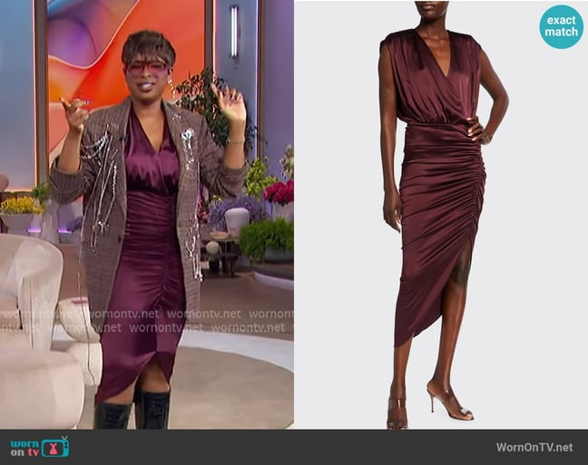 Veronica Beard Casela Ruched Midi Burgundy Dress worn by Jennifer Hudson on The Jennifer Hudson Show
