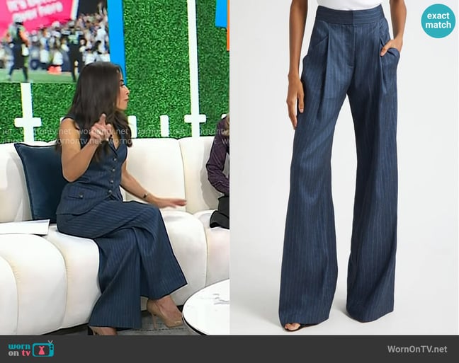 Veronica Beard Rimini Wide-Leg Pinstripe Pant in Blue Dove worn by Kaylee Hartung on Today Veronica Beard Rimini Wide-Leg Pinstripe Pant in Blue Dove worn by Kaylee Hartung on Today