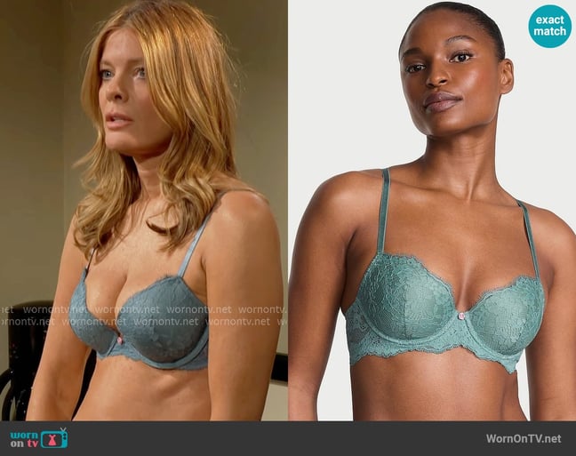 Victorias Secret Lace Lightly Lined Classic Coverage Demi Bra in Arctic Green worn by Phyllis Summers (Michelle Stafford) on The Young and the Restless Victorias Secret Lace Lightly Lined Classic Coverage Demi Bra in Arctic Green worn by Phyllis Summers (Michelle Stafford) on The Young and the Restless