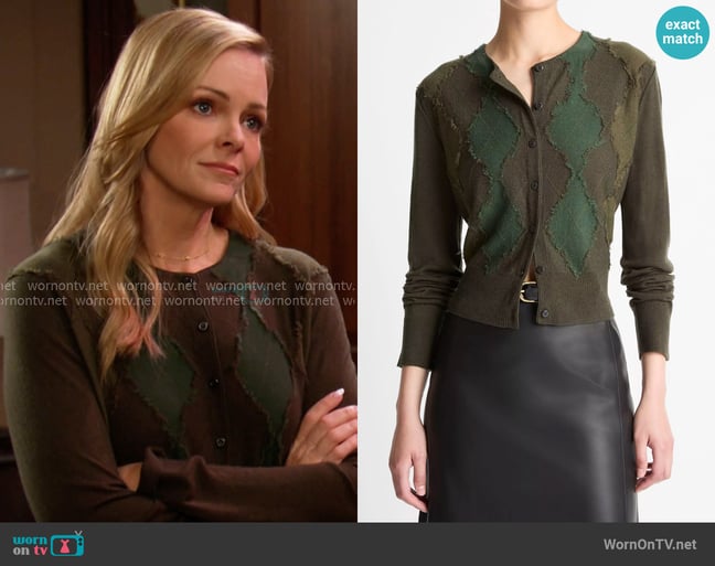 Vince Hand Cut Argyle Cardigan in Herba/Forest/Verde worn by Belle Brady (Martha Madison) on Days of our Lives Vince Hand Cut Argyle Cardigan in Herba/Forest/Verde worn by Belle Brady (Martha Madison) on Days of our Lives