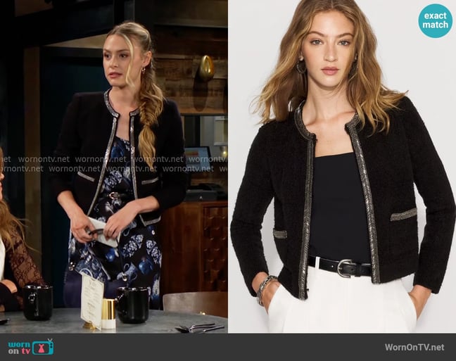 White House Black Market Embellished Tweed Sweater Jacket worn by Claire Grace (Hayley Erin) on The Young and the Restless White House Black Market Embellished Tweed Sweater Jacket worn by Claire Grace (Hayley Erin) on The Young and the Restless