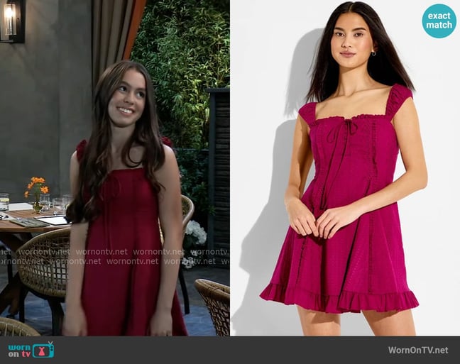 Wild Fable at Target Cap Sleeve Eyelet Mini A-Line Dress in Berry Purple worn by Scout Cain (Kayden Tokarski) on General Hospital Wild Fable at Target Cap Sleeve Eyelet Mini A-Line Dress in Berry Purple worn by Scout Cain (Kayden Tokarski) on General Hospital