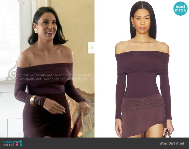 Wolford Sheer Drape Top Long Sleeves in Wild Plum worn by Jessel Taank on The Real Housewives of New York City Wolford Sheer Drape Top Long Sleeves in Wild Plum worn by Jessel Taank on The Real Housewives of New York City