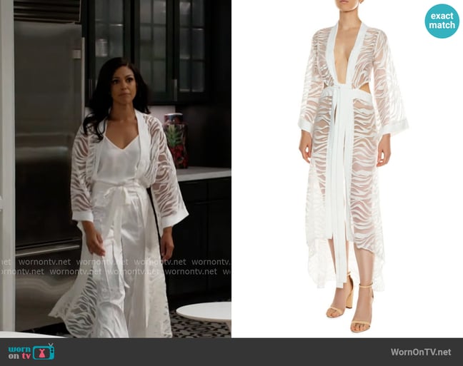 Women & Women Sevilla Off-White Color, Sheer Zebra Patterned Design Kimono Dress worn by Dani Dupree (Karla Mosley) on Beyond the Gates Women & Women Sevilla Off-White Color, Sheer Zebra Patterned Design Kimono Dress worn by Dani Dupree (Karla Mosley) on Beyond the Gates