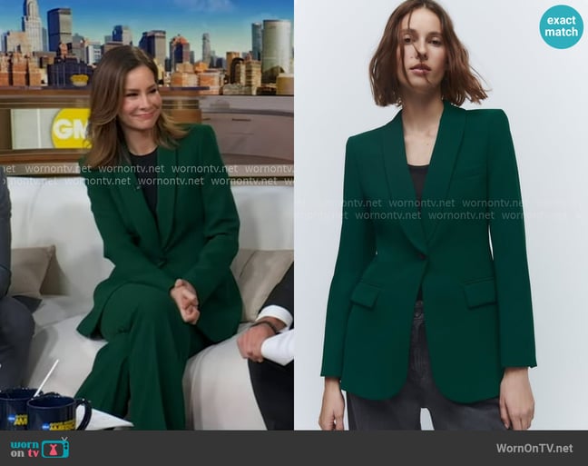 Zara Blazer with Tuxedo Collar in Green worn by Rebecca Jarvis on Good Morning America Zara Blazer with Tuxedo Collar in Green worn by Rebecca Jarvis on Good Morning America