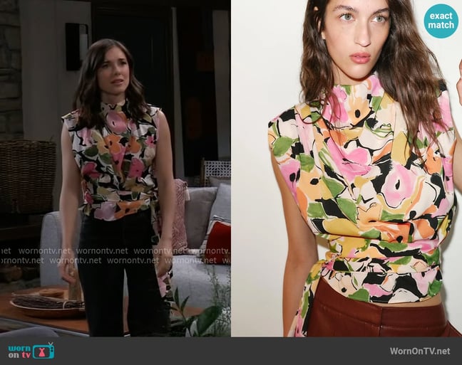 Zara Floral Print Shoulder Pad Top With Belt worn by Willow Tait (Katelyn MacMullen) on General Hospital