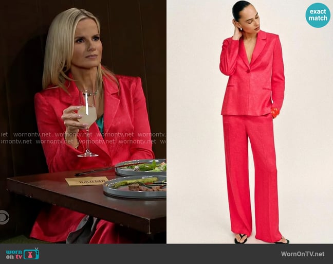 Zara Jacquard Blazer with Shoulder Pads and Pants in Raspberry worn by Vanessa McBride (Lauren Buglioli) on Beyond the Gates Zara Jacquard Blazer with Shoulder Pads and Pants in Raspberry worn by Vanessa McBride (Lauren Buglioli) on Beyond the Gates