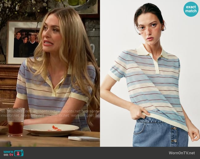 Zara Striped Knit Polo in Ecru/Blue worn by Claire Grace (Hayley Erin) on The Young and the Restless Zara Striped Knit Polo in Ecru/Blue worn by Claire Grace (Hayley Erin) on The Young and the Restless