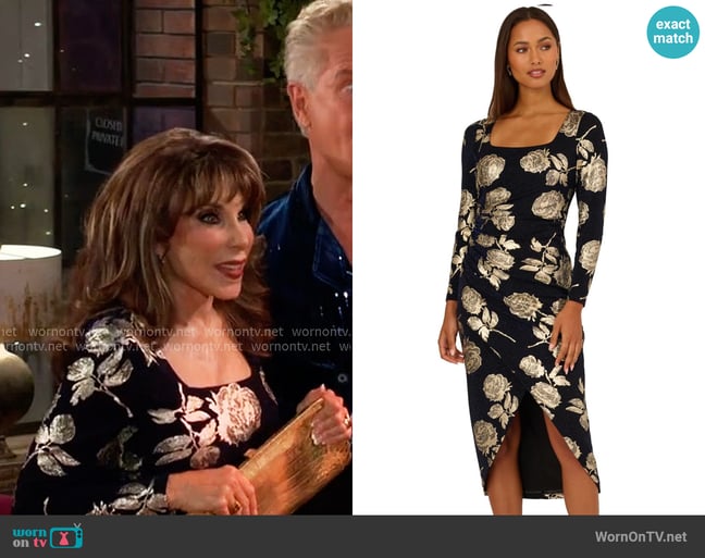 Adrianna Papell Long Sleeve Stretch Metallic Rose Floral Midi Dress In Navy Gold worn by Esther Valentine (Kate Linder) on The Young and the Restless Adrianna Papell Long Sleeve Stretch Metallic Rose Floral Midi Dress In Navy Gold worn by Esther Valentine (Kate Linder) on The Young and the Restless