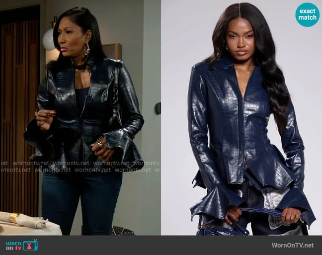 Akira Carmen Bodycon Blazer in Navy worn by Dana 'Leslie' Thomas (Trisha Mann-Grant) on Beyond the Gates Akira Carmen Bodycon Blazer in Navy worn by Dana 'Leslie' Thomas (Trisha Mann-Grant) on Beyond the Gates