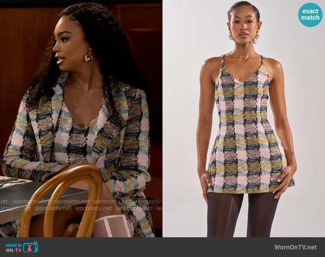 Akira Main Squeeze Tweed Mini Dress worn by Chelsea Hamilton (RhonniRose Mantilla) on Beyond the Gates Akira Main Squeeze Tweed Mini Dress worn by Chelsea Hamilton (RhonniRose Mantilla) on Beyond the Gates