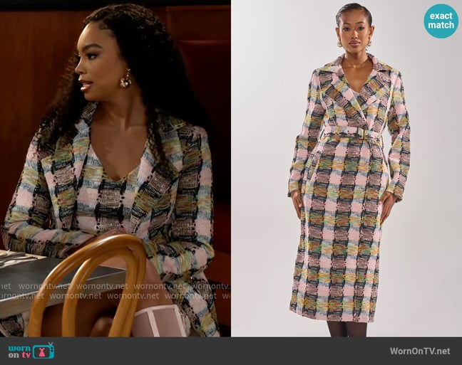 Akira Main Squeeze Tweed Trench worn by Chelsea Hamilton (RhonniRose Mantilla) on Beyond the Gates Akira Main Squeeze Tweed Trench worn by Chelsea Hamilton (RhonniRose Mantilla) on Beyond the Gates