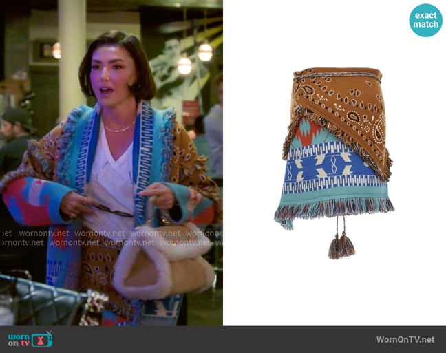 Alanui Icon Bandana Patchwork Fringe Wrap Skirt worn by Bronwyn Newport on The Real Housewives of Salt Lake City Alanui Icon Bandana Patchwork Fringe Wrap Skirt worn by Bronwyn Newport on The Real Housewives of Salt Lake City