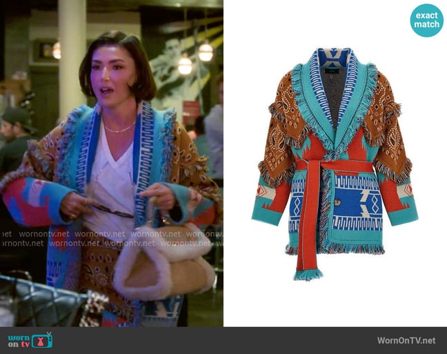 Alanui Icon Bandana Patchwork Jacquard Belted Fringe Cardigan worn by Bronwyn Newport on The Real Housewives of Salt Lake City Alanui Icon Bandana Patchwork Jacquard Belted Fringe Cardigan worn by Bronwyn Newport on The Real Housewives of Salt Lake City