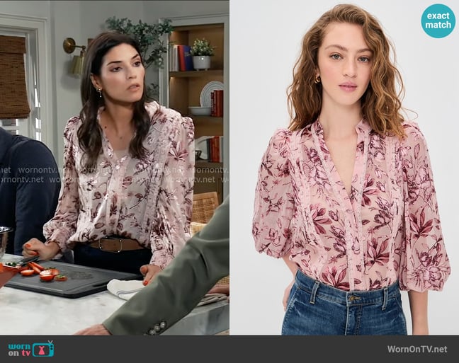 Alice + Olivia Arlette Blouse in Mystic Garden English Rose worn by Brook Lynn Quartermaine (Amanda Setton) on General Hospital Alice + Olivia Arlette Blouse in Mystic Garden English Rose worn by Brook Lynn Quartermaine (Amanda Setton) on General Hospital