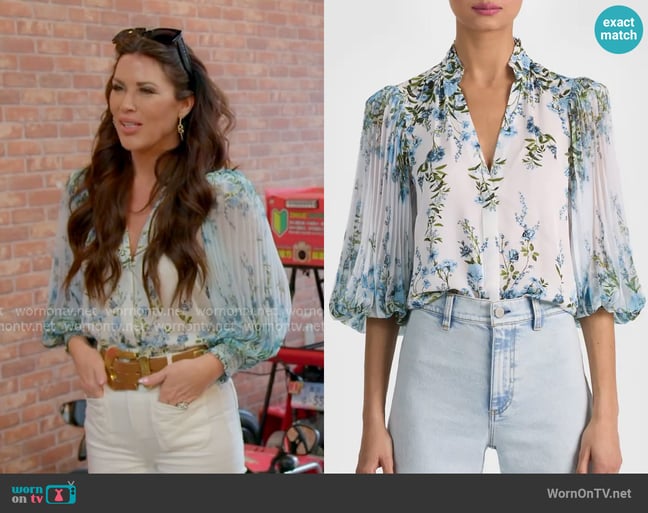 Alice + Olivia Ilan Floral Pleated Sleeve Button-Up Shirt worn by Emily Simpson on The Real Housewives of Orange County Alice + Olivia Ilan Floral Pleated Sleeve Button-Up Shirt worn by Emily Simpson on The Real Housewives of Orange County