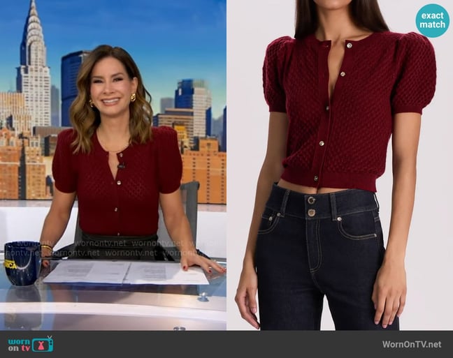 Alice + Olivia Sabine Cashmere Blend Cardigan in Oxblood worn by Rebecca Jarvis on Good Morning America Alice + Olivia Sabine Cashmere Blend Cardigan in Oxblood worn by Rebecca Jarvis on Good Morning America