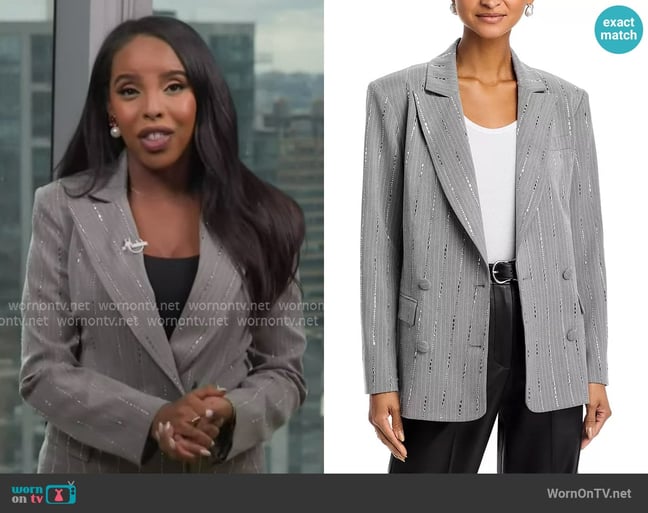 Aqua x Salvatore Rizza Oversized Crystal Pinstripe Blazer worn by Mona Kosar Abdi on Extra Aqua x Salvatore Rizza Oversized Crystal Pinstripe Blazer worn by Mona Kosar Abdi on Extra