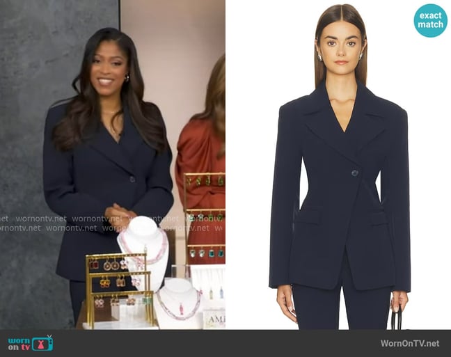 ASTR The Label Linda Blazer in Navy worn by Morgan Norwood on Good Morning America