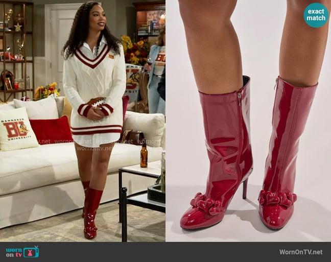 Azalea Wang Fedele Red Patent Heart Embellished Bootie worn by Chelsea Hamilton (RhonniRose Mantilla) on Beyond the Gates Azalea Wang Fedele Red Patent Heart Embellished Bootie worn by Chelsea Hamilton (RhonniRose Mantilla) on Beyond the Gates