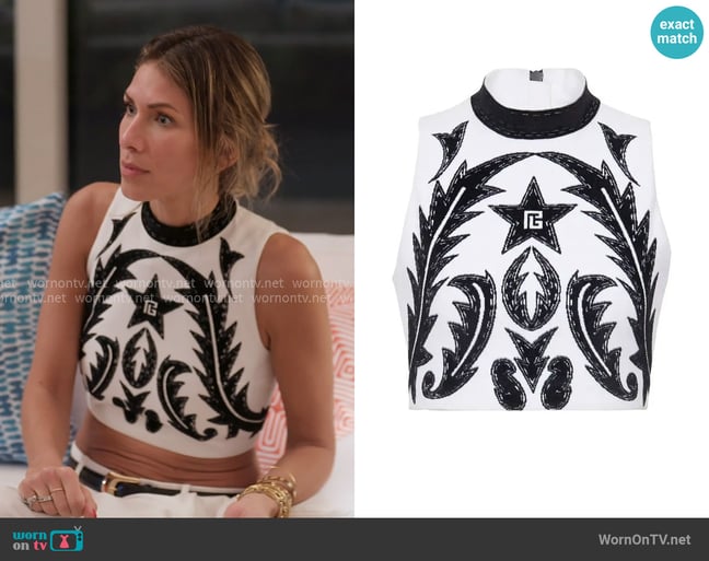 Balmain Baroque Crop Top in Black worn by Erin Lichy on The Real Housewives of New York City Balmain Baroque Crop Top in Black worn by Erin Lichy on The Real Housewives of New York City