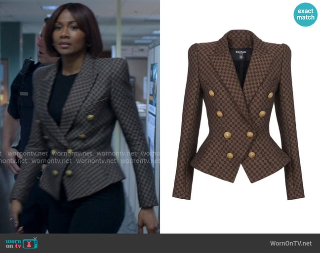 Balmain Monogram-jacquard double-breasted blazer worn by Jax Stewart (Emayatzy Corinealdi) on Reasonable Doubt Balmain Monogram-jacquard double-breasted blazer worn by Jax Stewart (Emayatzy Corinealdi) on Reasonable Doubt