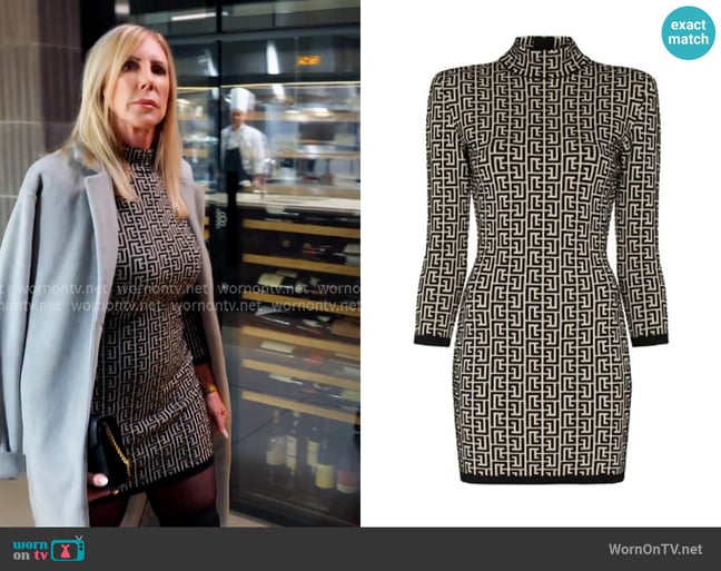 Balmain Monogram-jacquard knitted mini dress worn by Vicki Gunvalson on The Real Housewives of Orange County
