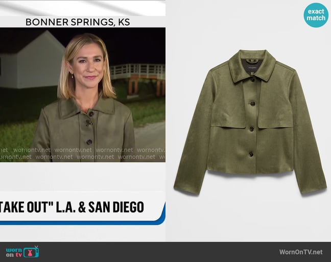 Banana Republic Vegan Suede Short Trench in Dark Olive worn by Caitlin Huey-Burns on CBS Mornings Banana Republic Vegan Suede Short Trench in Dark Olive worn by Caitlin Huey-Burns on CBS Mornings