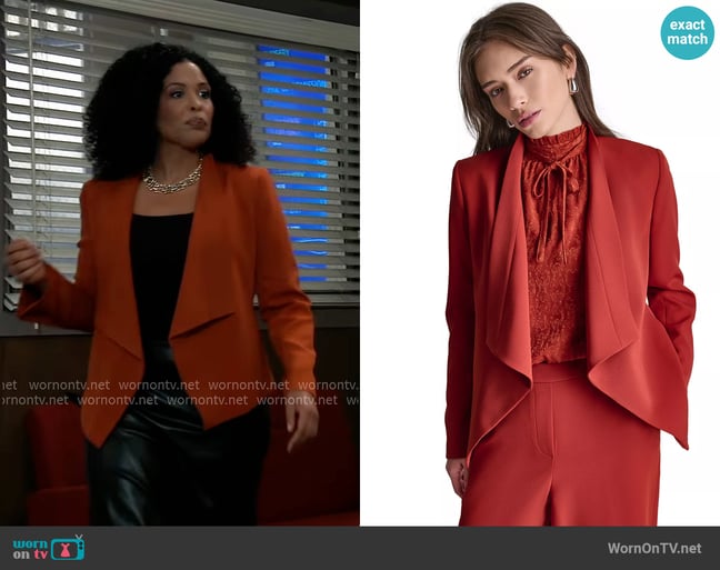 Bcbg Open-Front Collared Jacket in Mesa Rust worn by Monet Mitchell (Blythe Howard) on General Hospital Bcbg Open-Front Collared Jacket in Mesa Rust worn by Monet Mitchell (Blythe Howard) on General Hospital