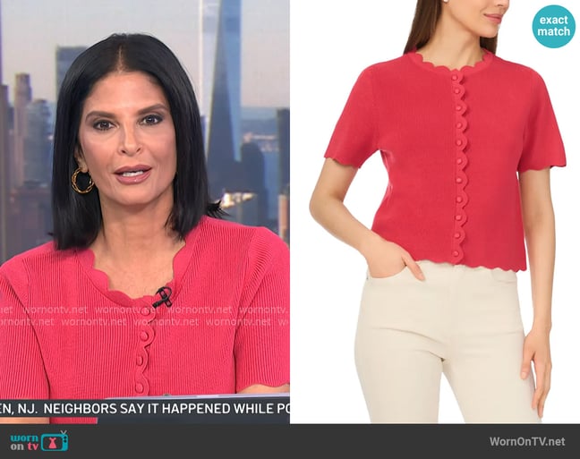Cece Scallop Edge Short Sleeve Cardigan in Claret worn by Darlene Rodriguez on Today Cece Scallop Edge Short Sleeve Cardigan in Claret worn by Darlene Rodriguez on Today