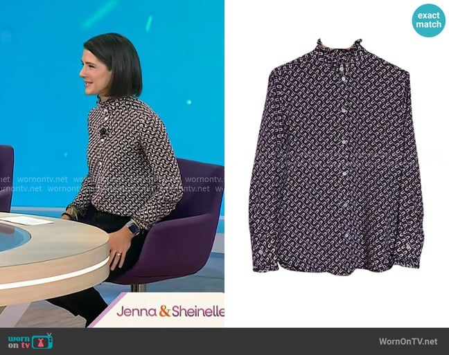 Celine Vintage Graphic Print Ruffled High-collar Blouse worn by Daryn Carp on Today Celine Vintage Graphic Print Ruffled High-collar Blouse worn by Daryn Carp on Today