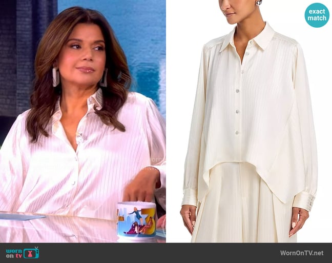 Cinq a Sept Georgia Satin Stripe Top worn by Ana Navarro on The View Cinq a Sept Georgia Satin Stripe Top worn by Ana Navarro on The View