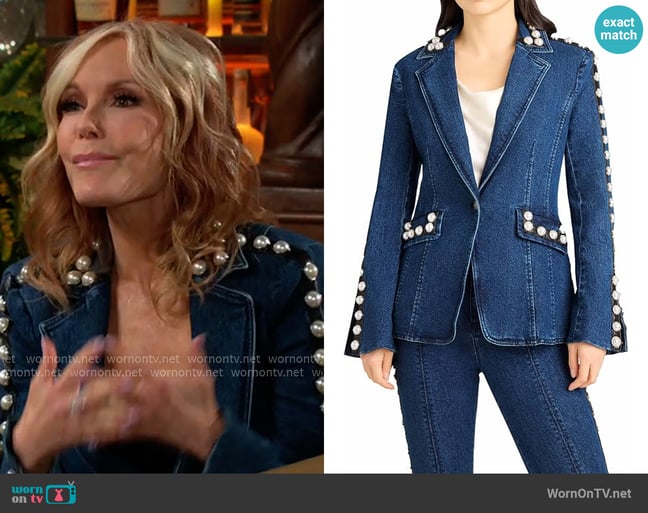Cinq a Sept Milly Jacket in Oceane worn by Lauren Fenmore (Tracey Bregman) on The Young and the Restless Cinq a Sept Milly Jacket in Oceane worn by Lauren Fenmore (Tracey Bregman) on The Young and the Restless