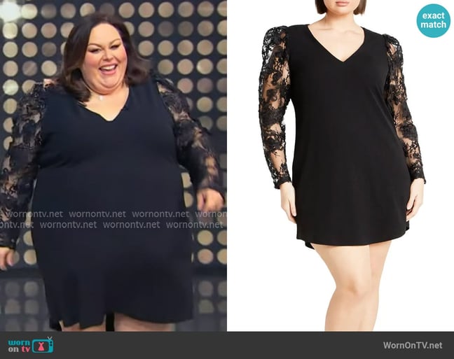 City Chic Keyla Sheer Long Sleeve Ponte Shift Minidress worn by Chrissy Metz on Tamron Hall Show City Chic Keyla Sheer Long Sleeve Ponte Shift Minidress worn by Chrissy Metz on Tamron Hall Show