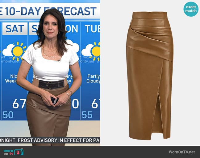 Commense Ruched Slit PU Leather Midi Skirt worn by Maria Larosa on Today Commense Ruched Slit PU Leather Midi Skirt worn by Maria Larosa on Today