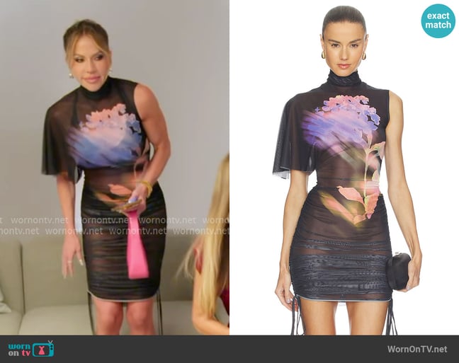 David Koma Asymmetric Sleeve Printed Mesh Mini Dress worn by Jennifer Pedranti on The Real Housewives of Orange County David Koma Asymmetric Sleeve Printed Mesh Mini Dress worn by Jennifer Pedranti on The Real Housewives of Orange County